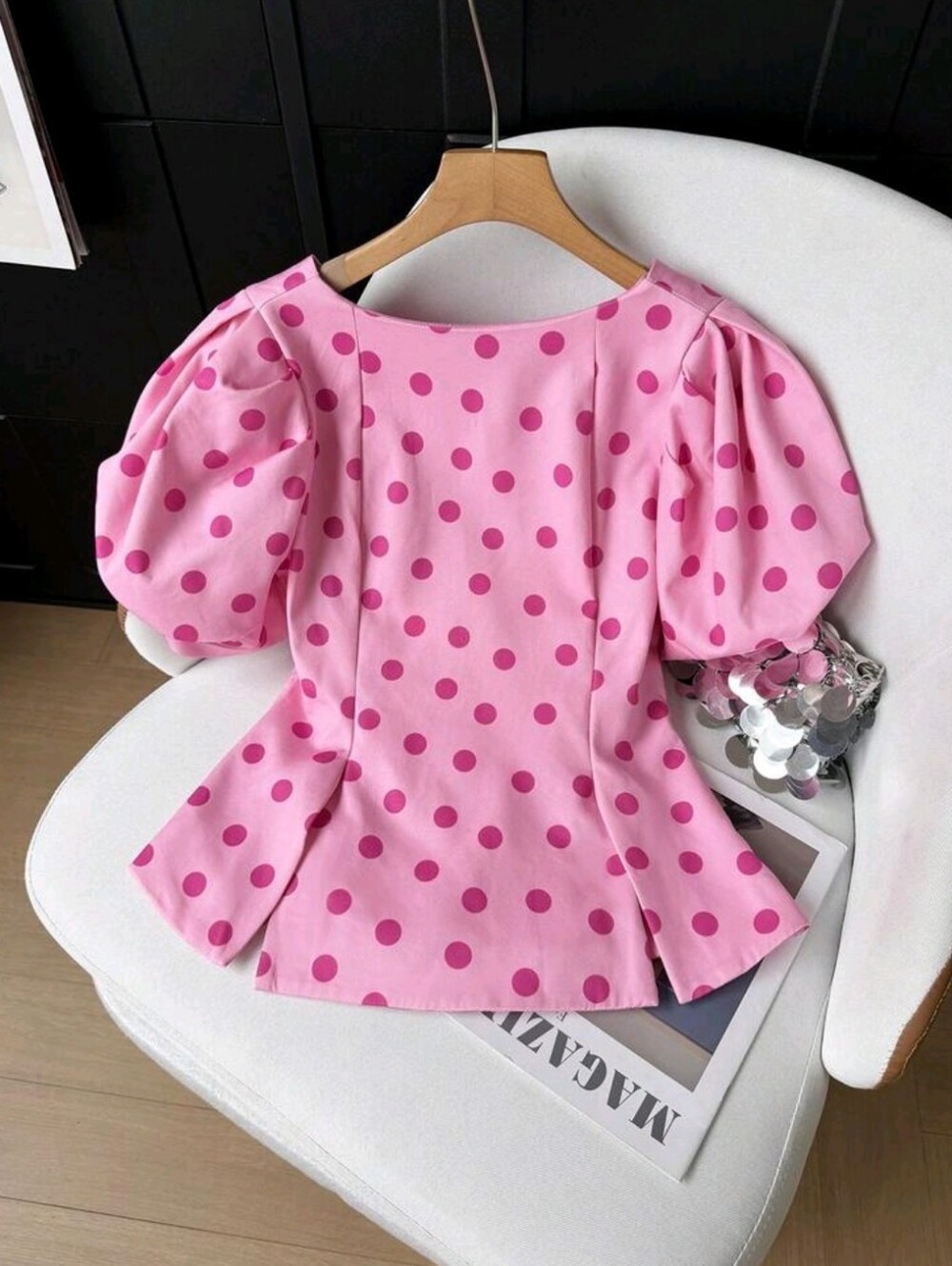 Pink Polka Dot Round Neck Puff Sleeve Waist-Cinching Cropped Backless Top, - Picture 7 of 8